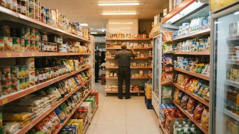 تصویرسازی: نمای داخلی یک سوپرمارکت محلی با قفسه‌های چیده شده کالا