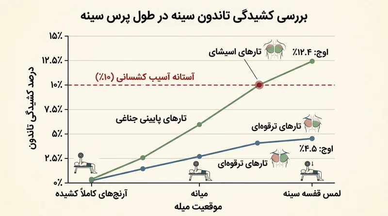 تارهای پایینی درست در لحظه لمس هالتر با سینه از آستانه خطرناک ۱۰ درصدی کشسانی فراتر می‌روند.