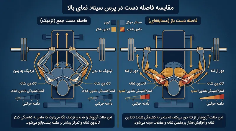 گرفتن دست‌ها با فاصله باز، کشش افقی بازو را بیشتر کرده و فشار روی تارهای پایینی را ۱.۵ برابر می‌کند.