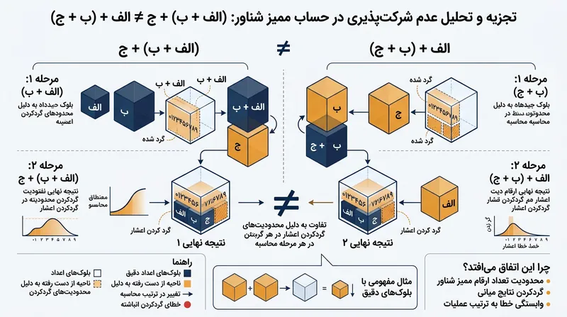 محدودیت ذخیره ارقام اعشار در رایانه‌ها باعث می‌شود ترتیب جمع‌زدن اعداد، نتیجه نهایی را دگرگون کند.