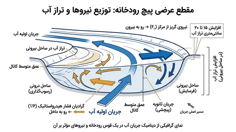 نیروی گریز از مرکز آب را به سمت ساحل بیرونی می‌راند، تراز سطح را بالا برده و گرادیان فشار هیدرواستاتیک ایجاد می‌کند.