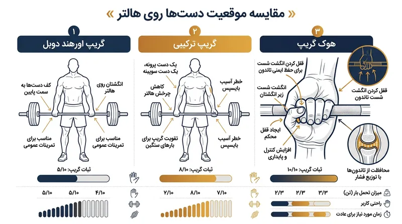 هوک گریپ به ورزشکاران امکان می‌دهد وزنه‌های سنگین را مهار کرده و هم‌زمان هر دو ساعد را در وضعیت ایمن پرونیشن نگه دارند.
