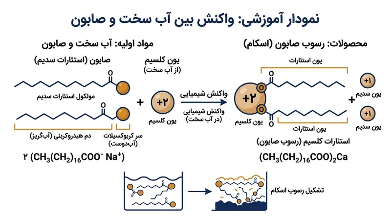 یک یون کلسیم به تنهایی جایگزین سدیم در دو مولکول صابون شده و رسوبی نامحلول ایجاد می‌کند.