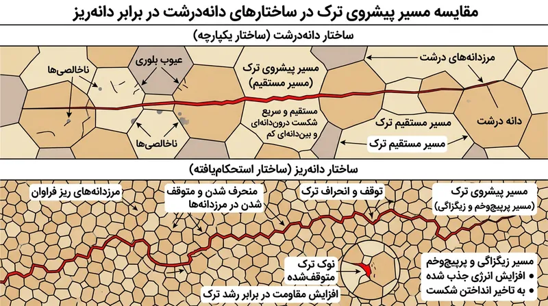 در فلزات دارای ساختار فوق‌ریز، ترک‌ها ناگزیرند دائماً مسیر خود را تغییر دهند؛ امری که انرژی آنها را تخلیه کرده و پیشروی را متوقف می‌کند.
