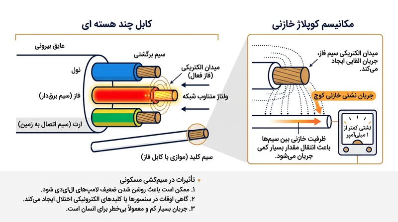 جریان متناوب در سیم فاز، ولتاژی کاذب در سیم مجاور که کلید آن قطع است القا می‌کند.