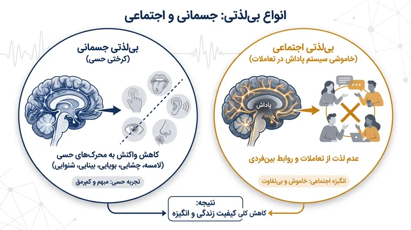 کلینیک کلیولند آنهدونیا را به دو دسته اصلی جسمی و اجتماعی تقسیم می‌کند.
