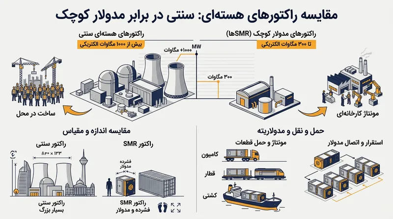 مقایسه ابعاد و ظرفیت تولید راکتورهای سنتی با راکتورهای کوچک مدولار.