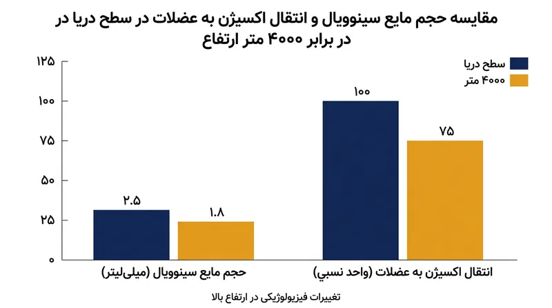 افت معنادار اکسیژن‌رسانی و حجم مایعات در ارتفاعات بالای ۴۰۰۰ متر.