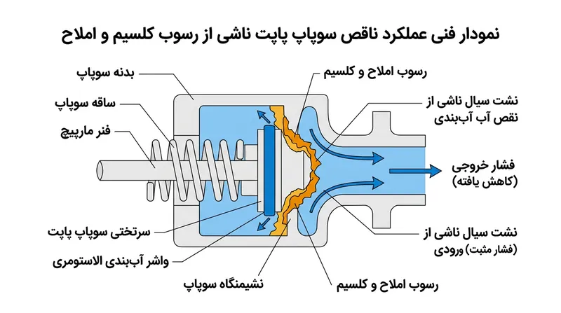 رسوب املاح روی سوپاپ پاپت، دلیل اصلی نشتی‌های آزاردهنده آب در زمان کارکرد عادی شیر است.