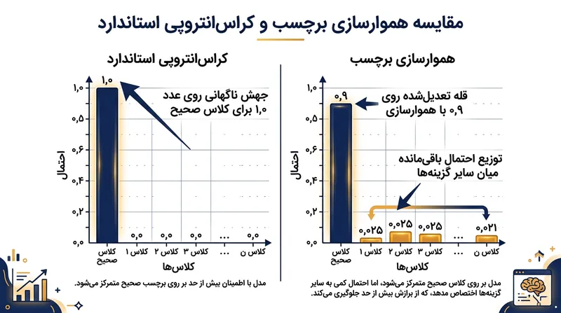 هموارسازی برچسب با تعیین احتمال هدف اندکی پایین‌تر از ۱۰۰ درصد، مانع رشد بی‌پایان اطمینان کاذب می‌شود.