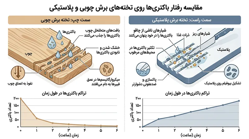 مقایسه رفتار باکتری‌ها در شیارهای پلاستیک در برابر مکانیسم خشک‌کننده الیاف چوب.