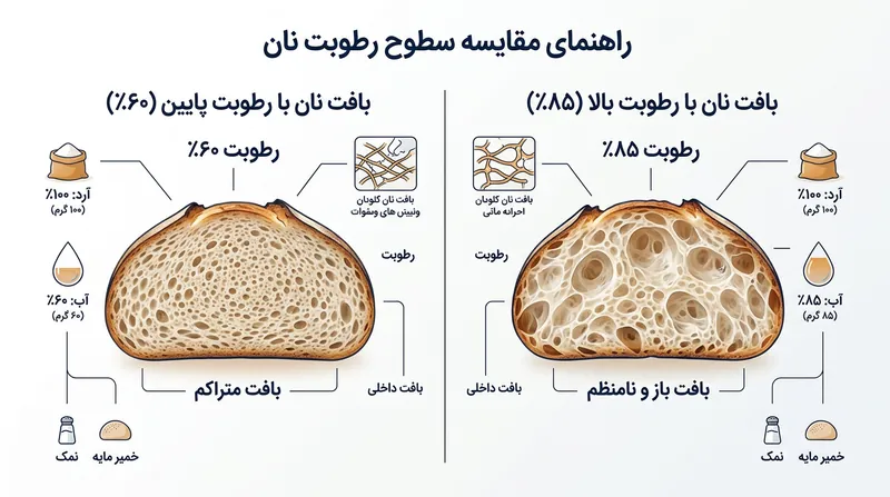 تأثیر درصد آبرسانی بر ساختار داخلی و اندازه حباب‌های خمیر.