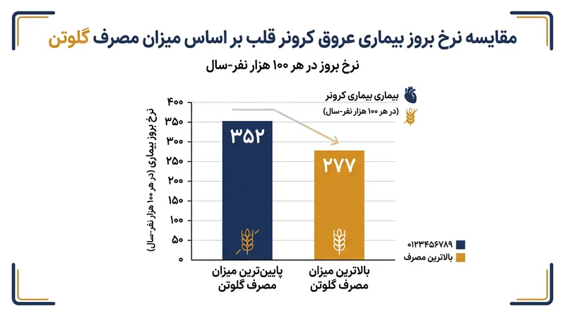 شواهد درازمدت نشان می‌دهد افرادی که کمترین میزان گلوتن را مصرف کردند، در آمار خام با نرخ بالاتری از نارسایی عروق کرونر روبه‌رو بوده‌اند.