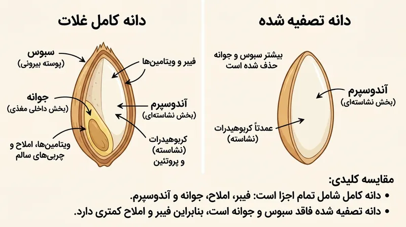 تصفیه غلات و تولید آردهای سفید، سبوس و جوانه را حذف کرده و فیبر لازم برای مهار کلسترول بد خون را از بین می‌برد.
