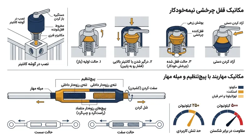 تویست‌لاک‌های نیمه‌خودکار و میله‌های مهار، ساختار صلبی را برای ایستادگی در برابر شتاب‌های عرضی پدید می‌آورند.
