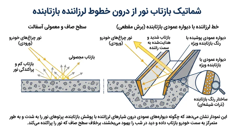 اجرای رنگ شب‌نما مستقیماً در بستر شیارها موجب می‌شود خطوط کناری جاده حتی زیر بارش باران شدید نیز به وضوح بدرخشند.