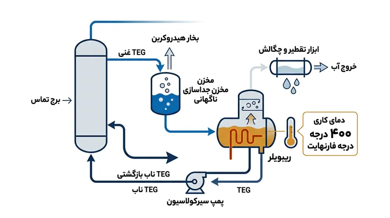 چرخه احیای حرارتی، آب جذب‌شده را می‌جوشاند تا گلیکول برای استفاده دوباره بازسازی شود.