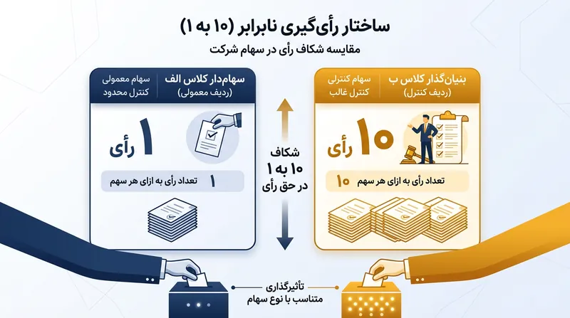 سهام دارای حق رأی ویژه معمولاً به بنیان‌گذاران ۱۰ برابر سرمایه‌گذاران عادی قدرت رأی می‌دهد.