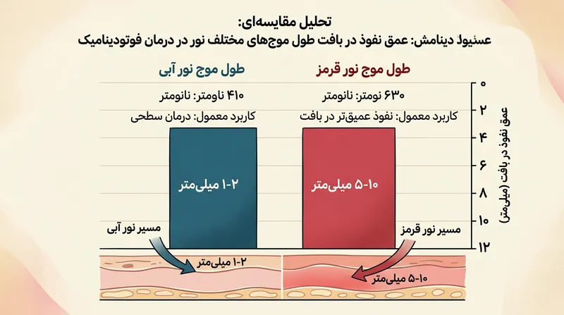 مقایسه عمق نفوذ طول موج‌های مختلف نور در بافت بدن انسان.