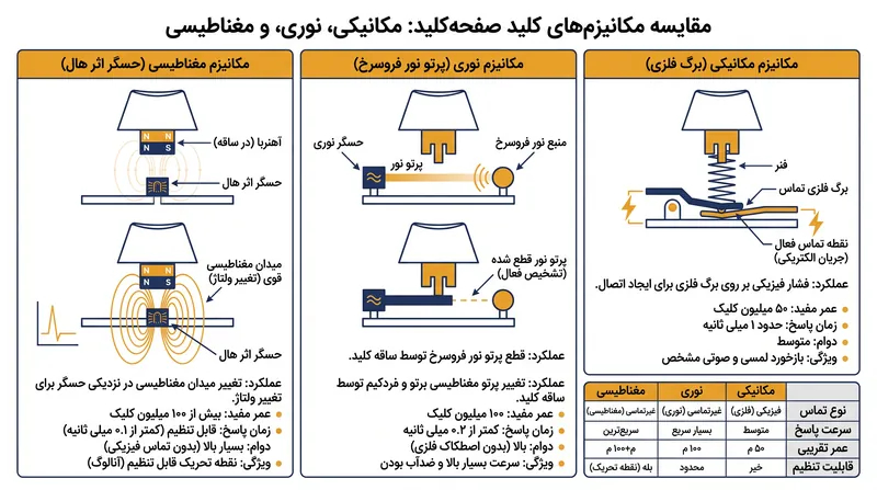 مقایسه نحوه عملکرد سوئیچ‌های مکانیکی، اپتیکال و مگنتی در ثبت دستورات.