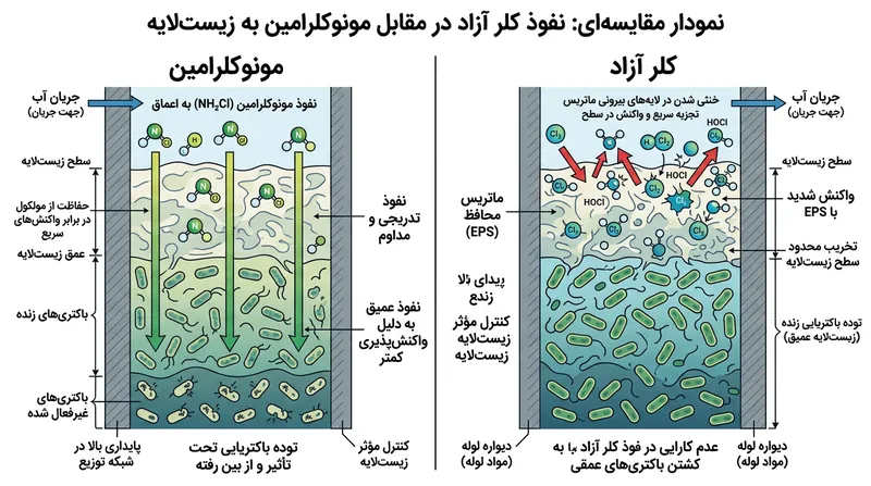 در شرایطی که کلر آزاد روی لایه‌های سطحی زیست‌لایه مصرف می‌شود، مونوکلرامین به عمق بافت نفوذ کرده و باکتری‌ها را از کار می‌اندازد.