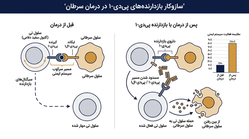 داستارلیماب مسیر پروتئینی پی‌دی-۱ را مهار می‌کند، استتار شیمیایی تومور را از بین می‌برد و شرایط حمله لنفوسیت‌های تی را مهیا می‌سازد.