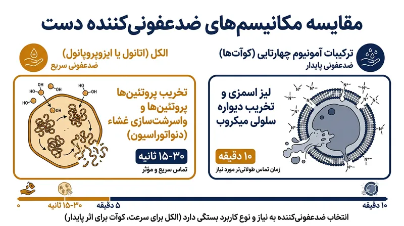 مکانیزم‌های بیوشیمیایی تعیین‌کننده سرعت نابودی پاتوژن‌ها توسط ضدعفونی‌کننده‌های مختلف هستند.