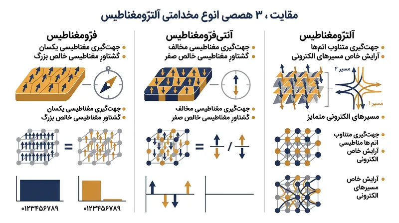 تفاوت ساختار اسپینی در سه شکل بنیادی مغناطیس.