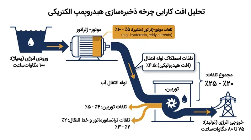 اصطکاک هیدرولیکی و مقاومت الکتریکی، بیشترین سهم را در اتلاف انرژی طی یک چرخه تلمبه‌ذخیره‌ای دارند.