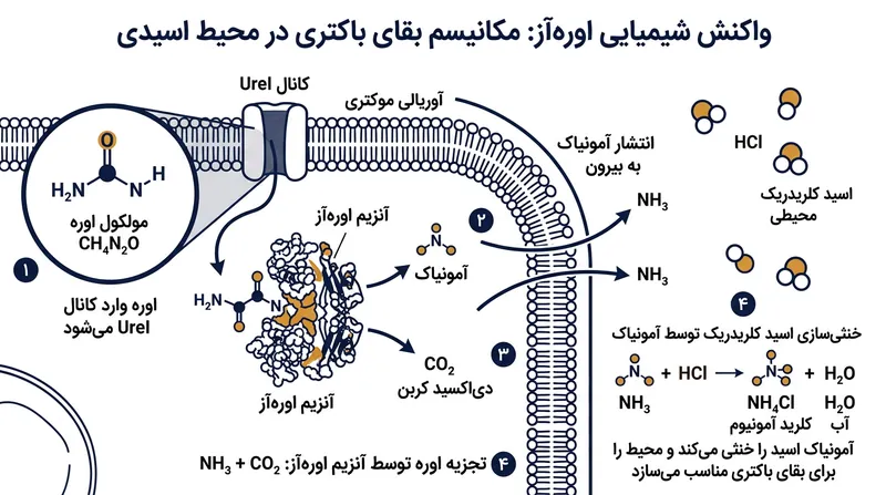 اوره‌آز، اوره اطراف را به آمونیاک قلیایی تبدیل کرده و ریزمحیطی خنثی پیرامون باکتری پدید می‌آورد.