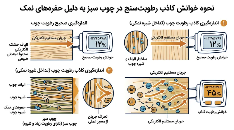 رطوبت‌سنج‌های مقاومتی املاح رسانای شیره را به اشتباه آب تلقی کرده و عدد رطوبت را به شکلی کاذب بالا می‌برند.