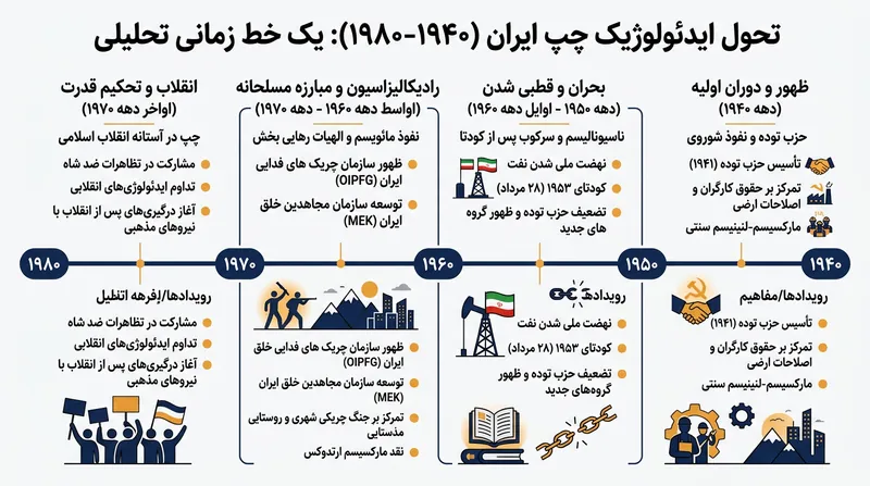 مسیر پرفراز و نشیب انشعاب‌ها در جنبش چپ ایران؛ از حزب توده تا سازمان انقلابی و جبهه دموکراتیک ملی.