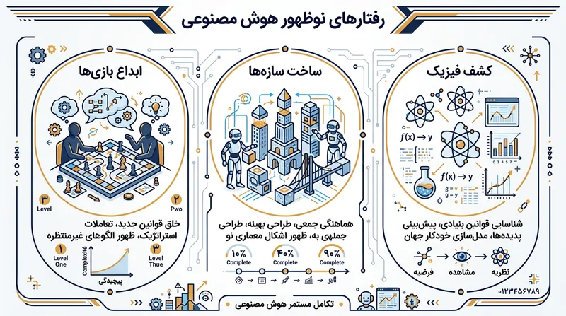رفتارهای خودجوش عاملیت‌ها شامل ابداع بازی، ساخت‌وساز و کشف قوانین فیزیک بود.