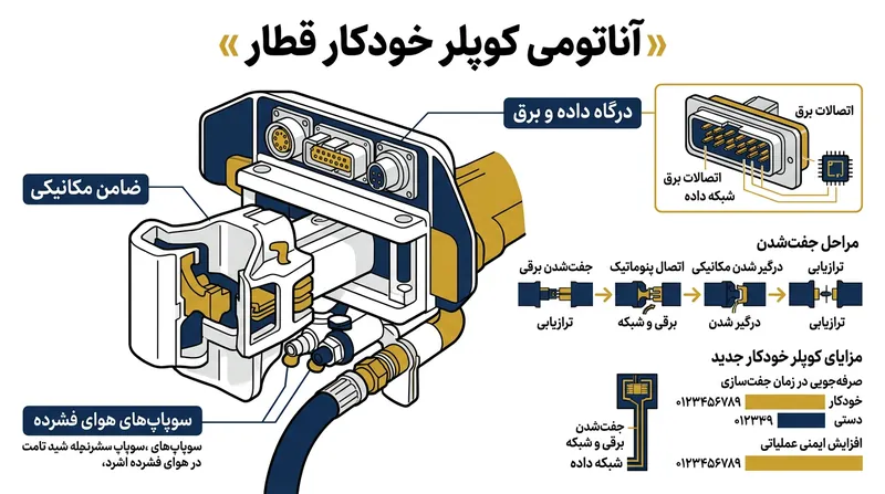 آناتومی اجزای کوپلر خودکار و نحوه قرارگیری سامانه‌های مکانیکی، بادی و انتقال داده که حین اتصال جفت می‌شوند.