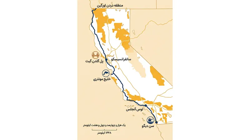 مسیر ۹۰۰ مایلی شنای کاترین برید از مرز اورگان تا مکزیک.