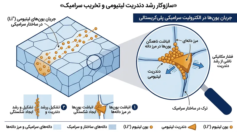 وقتی سرعت شارژ از توان سرامیک فراتر می‌رود، یون‌های لیتیوم در مرزهای دانه‌ای انباشته شده و گوه‌های فلزی تشکیل می‌دهند.