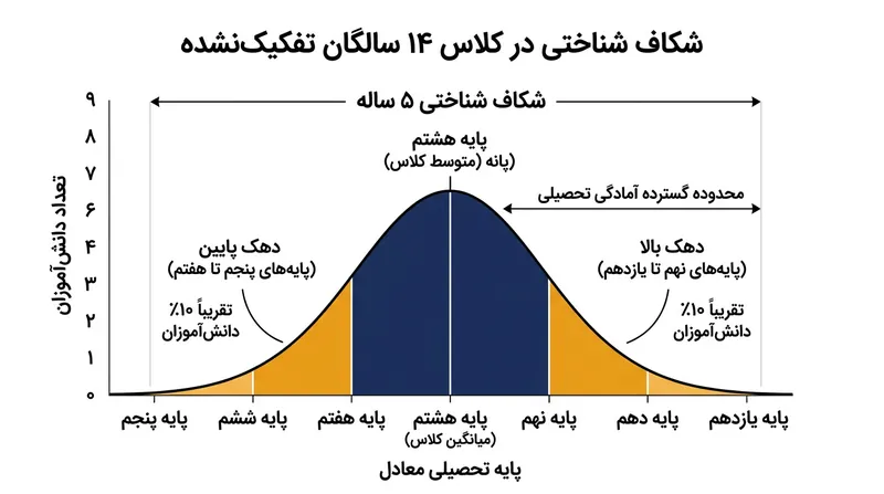 در سن ۱۴ سالگی، یک کلاس بدون تفکیک با شکافی به عمق پنج پایه تحصیلی در توانایی ریاضی و درک مطلب مواجه است.