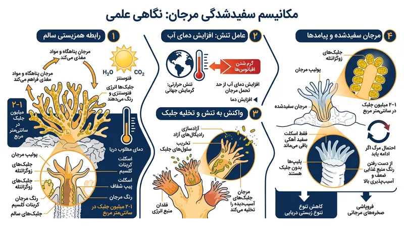 تنش حرارتی با برهم زدن رابطه همزیستی میان پولیپ مرجان و جلبک‌های تأمین‌کننده انرژی، ساختار آن را نابود می‌کند.