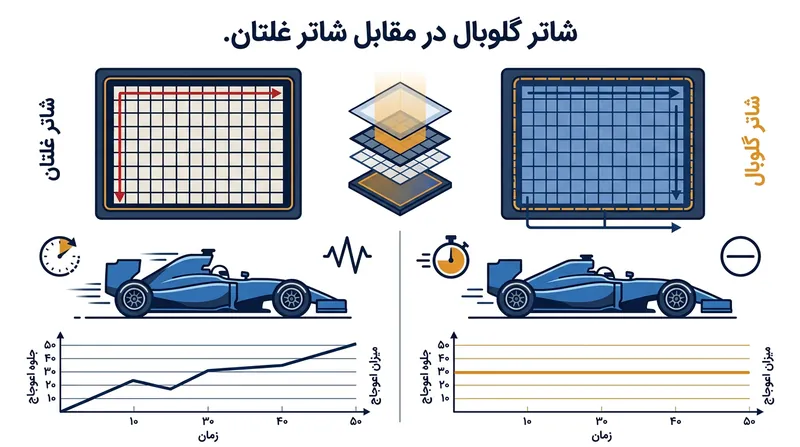تفاوت عملکرد سنسورهای شاتر جهانی در مقایسه با شاتر غلتشی در ثبت تصاویر اجسام متحرک.
