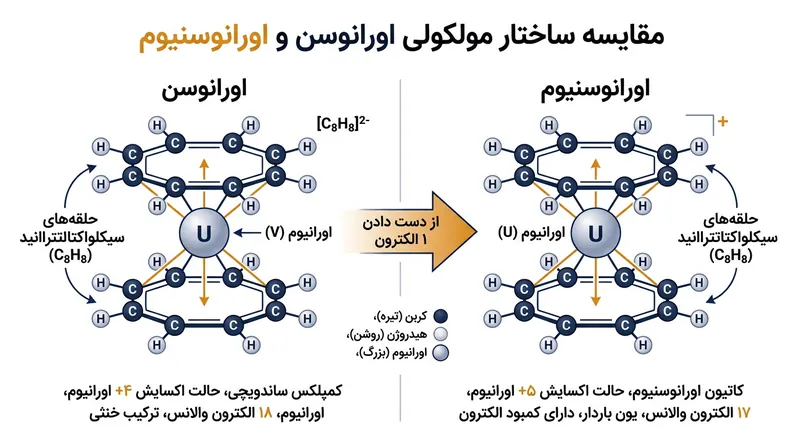 مقایسه ساختار اورانوسن و کاتیون اورانوسنیوم؛ از دست دادن یک الکترون تغییر فیزیکی در اندازه مولکول ایجاد نمی‌کند.