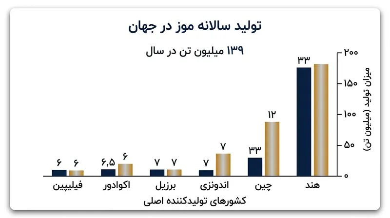 تولید جهانی موز سالانه به حدود ۱۳۹ میلیون تن می‌رسد که عمده سهم مبادلات صادراتی در تسلط رقم کاوندیش است.