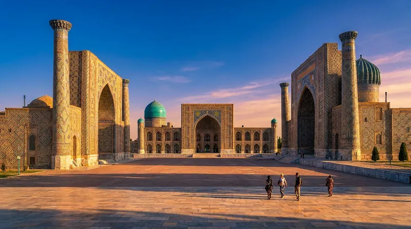 نمای وسیع از میدان تاریخی ریگستان در سمرقند با معماری اسلامی و کاشی‌کاری‌های آبی در زیر نور روز.