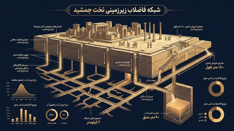 مکانیسم هدایت عمودی آب از سقف کاخ‌ها به شبکه زیرزمینی تراشیده‌شده در دل صخره.