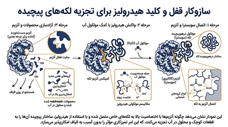 فرایند هیدرولیز به یک آنزیم امکان می‌دهد مولکول‌های بزرگ و نامحلول لکه را به اجزای ریز و محلول در آب قطعه‌قطعه کند.