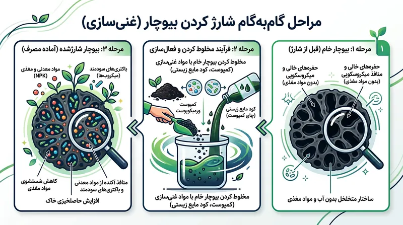 بیوچار خام حتماً باید پیش از ورود به باغچه با مواد مغذی و میکروارگانیسم‌ها شارژ شود تا مانع قفل شدن نیتروژن گردد.