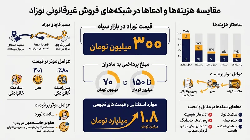 مبالغ مبادله شده در شبکه‌های غیرقانونی فروش نوزاد بر اساس گزارش‌های اخیر.