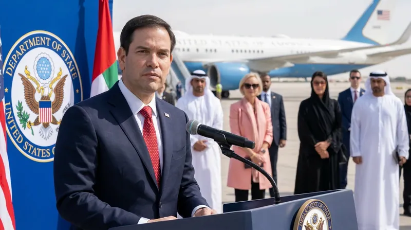 Secretary of State Marco Rubio arrived in the UAE to advance a regional peace framework and warn against maritime tolls.