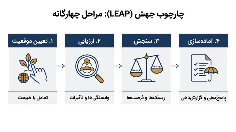 رویکرد جهش (LEAP) سازمان‌ها را از طریق یک فرآیند چهار مرحله‌ای برای ارزیابی رابطه خود با طبیعت هدایت می‌کند.