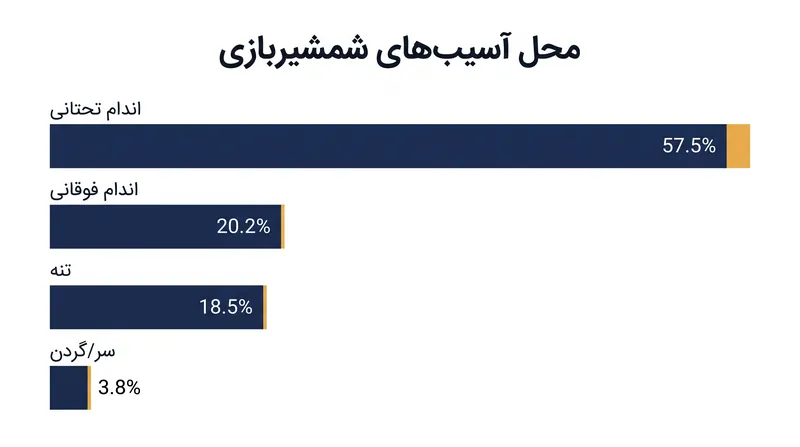 در حالی که آسیب‌های اندام تحتانی در شمشیربازی شایع‌تر هستند، عملکرد اندام فوقانی برای کنترل تیغه حیاتی است.