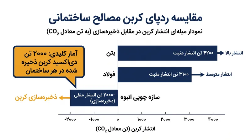 برخلاف بتن و فولاد، سازه چوبی انبوه به عنوان مخزن کربن عمل می‌کند و دی‌اکسید کربن جذب شده در طول رشد درخت را در خود حبس می‌کند.